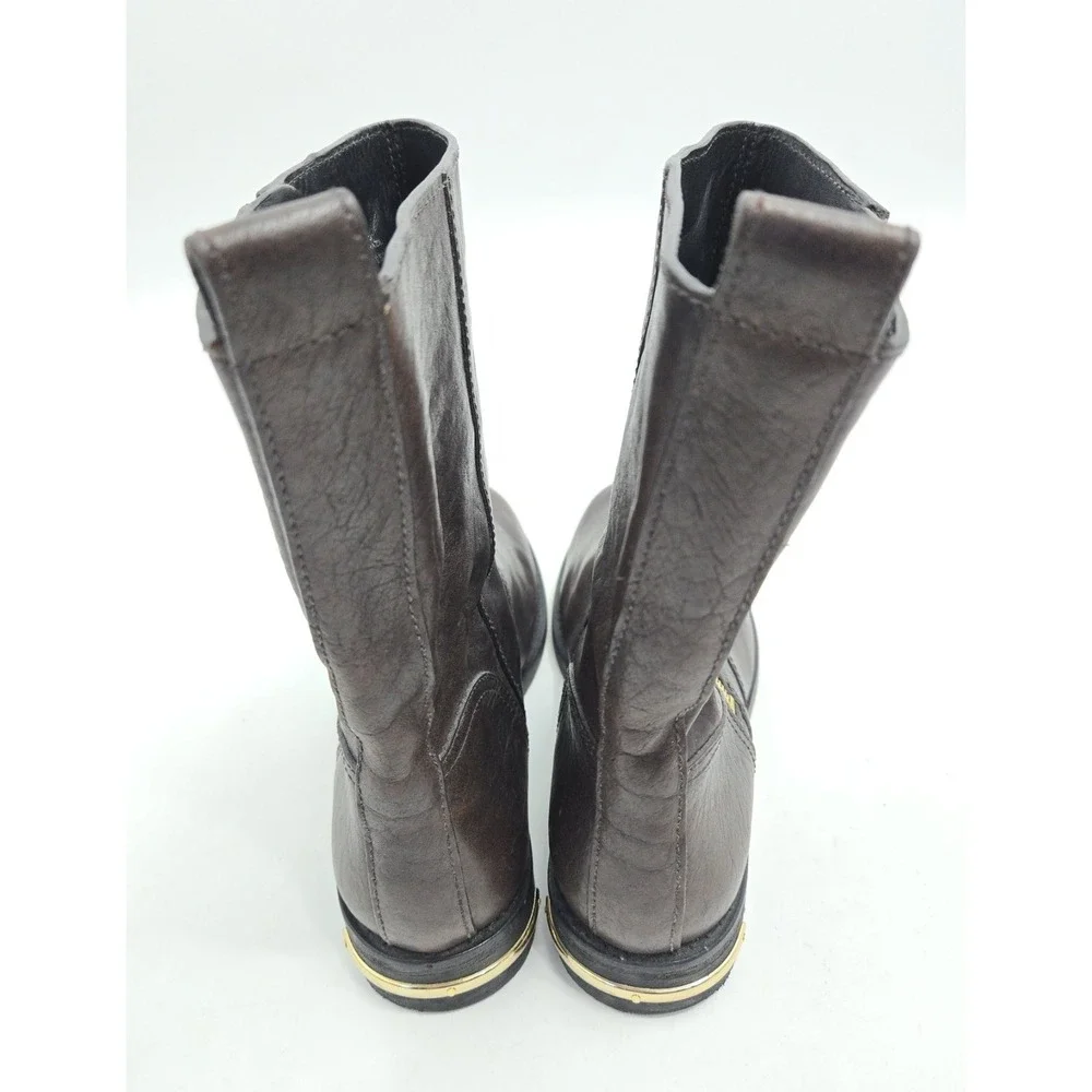 Tory Burch Elyse Moto Boots Women US 8 Chocolate Brown Leather Logo‎ Zip Side